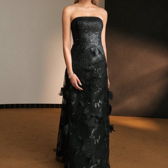 Black Party Women's Sequins Bodice Flower Embroidery Mesh Flare Long Dress - Picture 5 of 7